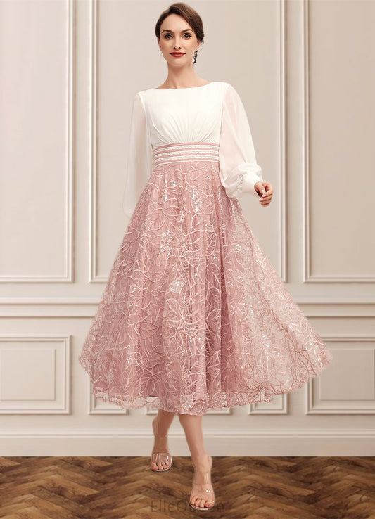 Bella A-Line Scoop Neck Tea-Length Chiffon Lace Mother of the Bride Dress With Beading DG126P0014557