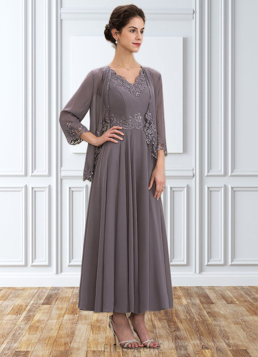 Violet A-line V-Neck Ankle-Length Chiffon Mother of the Bride Dress With Beading Appliques Lace Sequins DG126P0014558