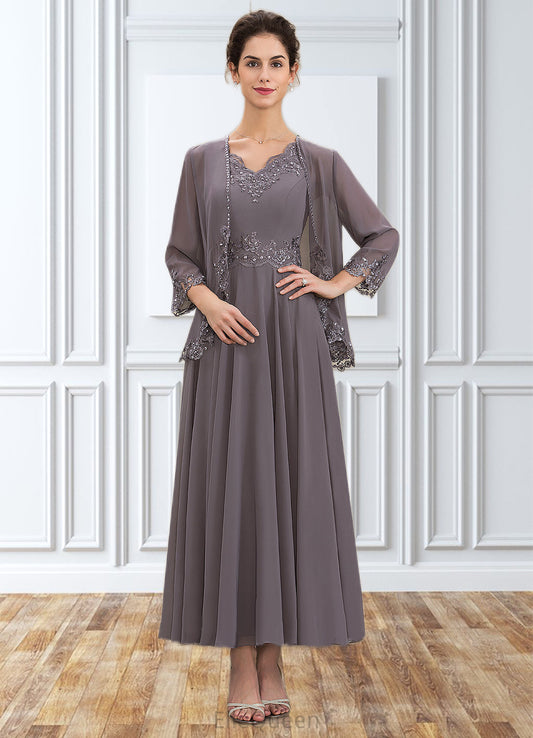 Violet A-line V-Neck Ankle-Length Chiffon Mother of the Bride Dress With Beading Appliques Lace Sequins DG126P0014558