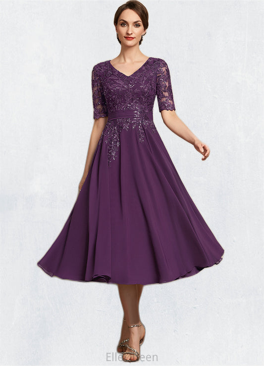 Sherry A-line V-Neck Tea-Length Chiffon Lace Mother of the Bride Dress With Sequins DG126P0014561