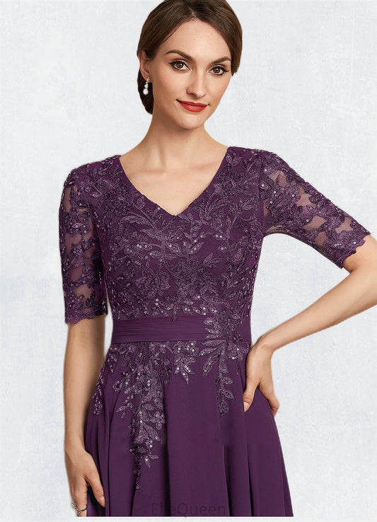 Sherry A-line V-Neck Tea-Length Chiffon Lace Mother of the Bride Dress With Sequins DG126P0014561