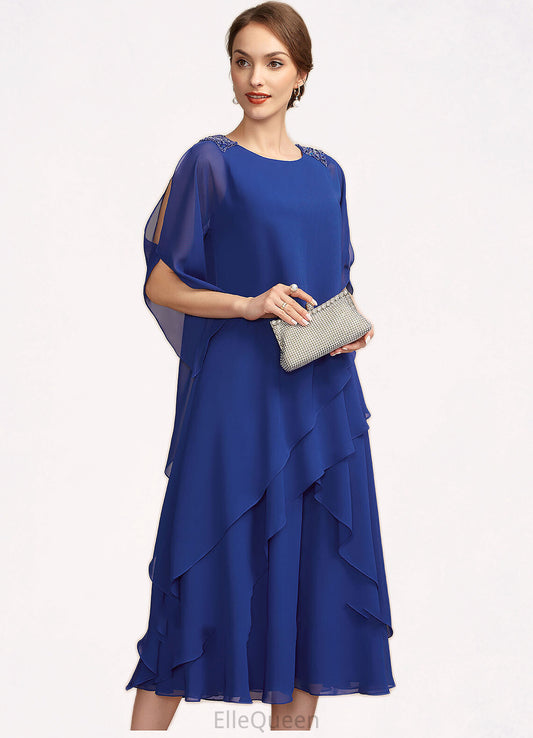 Gina A-Line Scoop Neck Tea-Length Chiffon Mother of the Bride Dress With Beading Sequins Cascading Ruffles DG126P0014562