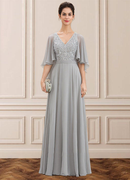 Audrina A-line V-Neck Floor-Length Chiffon Lace Mother of the Bride Dress With Beading Sequins DG126P0014563