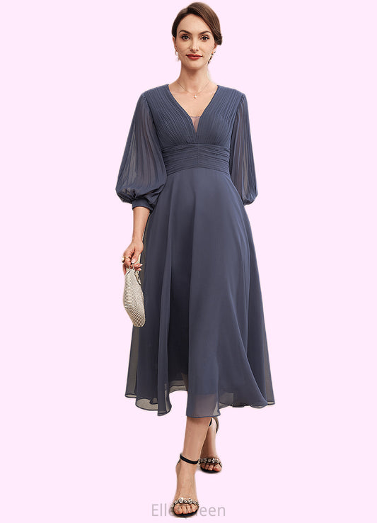 Annabel A-Line V-neck Tea-Length Chiffon Mother of the Bride Dress With Ruffle DG126P0014566