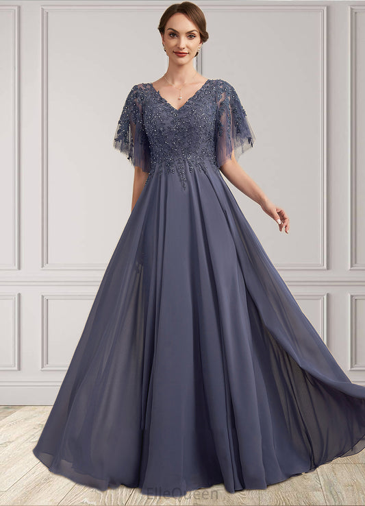 Blanche A-line V-Neck Floor-Length Chiffon Lace Mother of the Bride Dress With Beading Sequins DG126P0014571