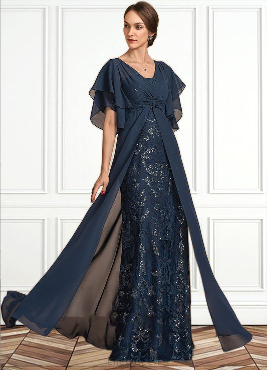 Savannah Sheath/Column V-neck Floor-Length Chiffon Lace Mother of the Bride Dress With Ruffle Sequins DG126P0014573