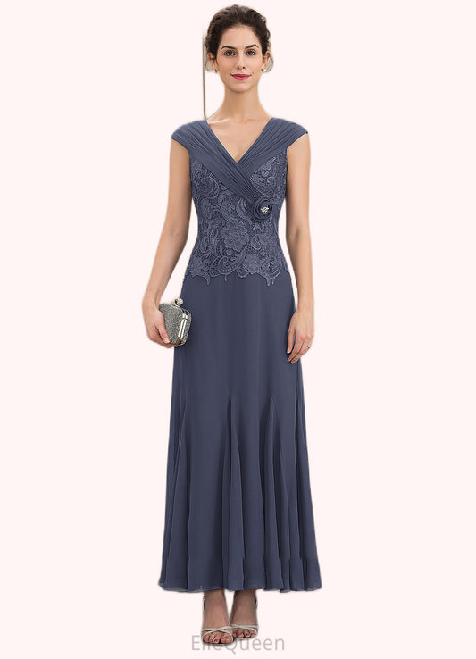 Caroline A-Line V-neck Ankle-Length Chiffon Lace Mother of the Bride Dress With Ruffle Beading DG126P0014971