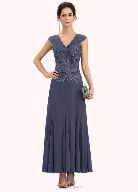 Caroline A-Line V-neck Ankle-Length Chiffon Lace Mother of the Bride Dress With Ruffle Beading DG126P0014971