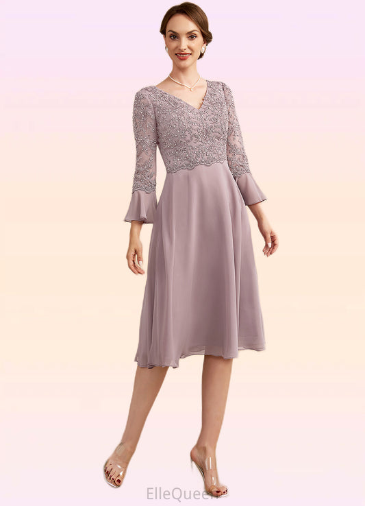 Izabelle A-Line V-neck Knee-Length Chiffon Lace Mother of the Bride Dress With Sequins Cascading Ruffles DG126P0014977