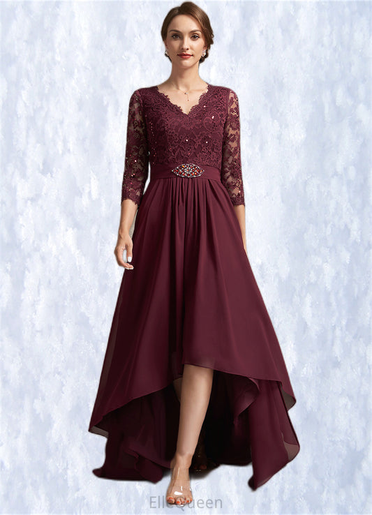 Hannah A-Line V-neck Asymmetrical Chiffon Lace Mother of the Bride Dress With Beading Sequins DG126P0014980