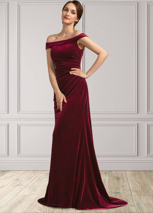 Mallory Trumpet/Mermaid Off-the-Shoulder Sweep Train Velvet Mother of the Bride Dress With Ruffle DG126P0014988