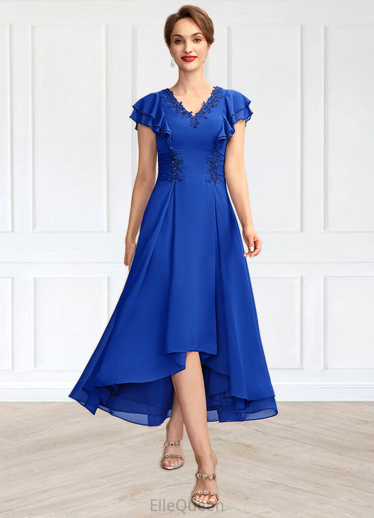 Kamryn A-Line V-neck Asymmetrical Chiffon Mother of the Bride Dress With Beading Appliques Lace Sequins Cascading Ruffles DG126P0014994