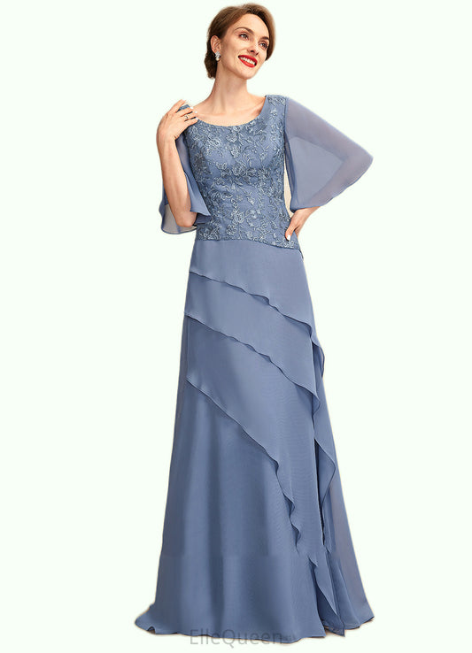 Charlize A-Line Scoop Neck Floor-Length Chiffon Lace Mother of the Bride Dress With Sequins Cascading Ruffles DG126P0014997