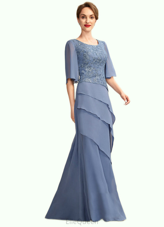 Charlize A-Line Scoop Neck Floor-Length Chiffon Lace Mother of the Bride Dress With Sequins Cascading Ruffles DG126P0014997