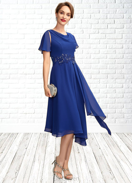 Pancy A-Line Scoop Neck Asymmetrical Chiffon Mother of the Bride Dress With Beading Appliques Lace Cascading Ruffles DG126P0014998