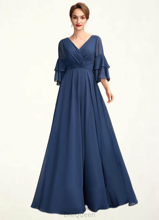 Kitty A-Line V-neck Floor-Length Chiffon Mother of the Bride Dress With Cascading Ruffles DG126P0015003