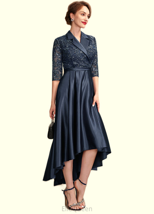 Yamilet A-Line V-neck Asymmetrical Satin Lace Mother of the Bride Dress With Sequins Pockets DG126P0015008