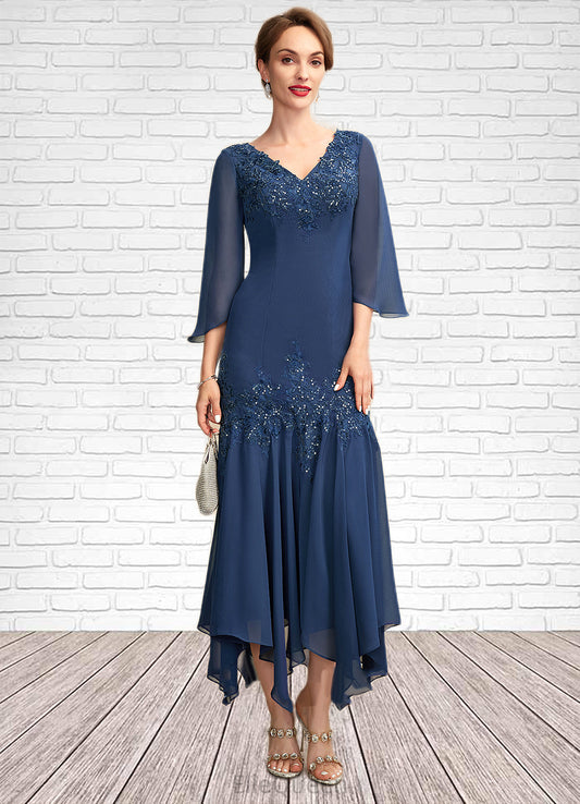 Marina Trumpet/Mermaid V-neck Ankle-Length Chiffon Mother of the Bride Dress With Appliques Lace Sequins DG126P0015009