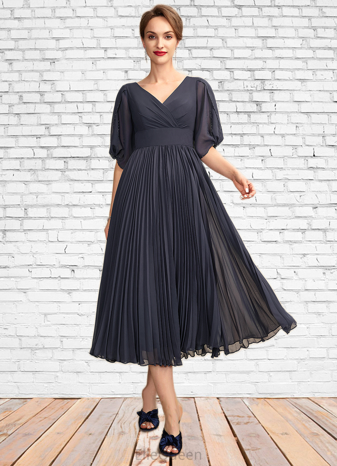 Deja A-Line V-neck Tea-Length Chiffon Mother of the Bride Dress With Pleated DG126P0015012