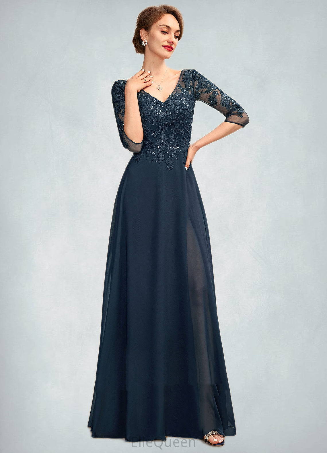 Tiana A-Line V-neck Floor-Length Chiffon Lace Mother of the Bride Dress With Sequins Split Front DG126P0015014