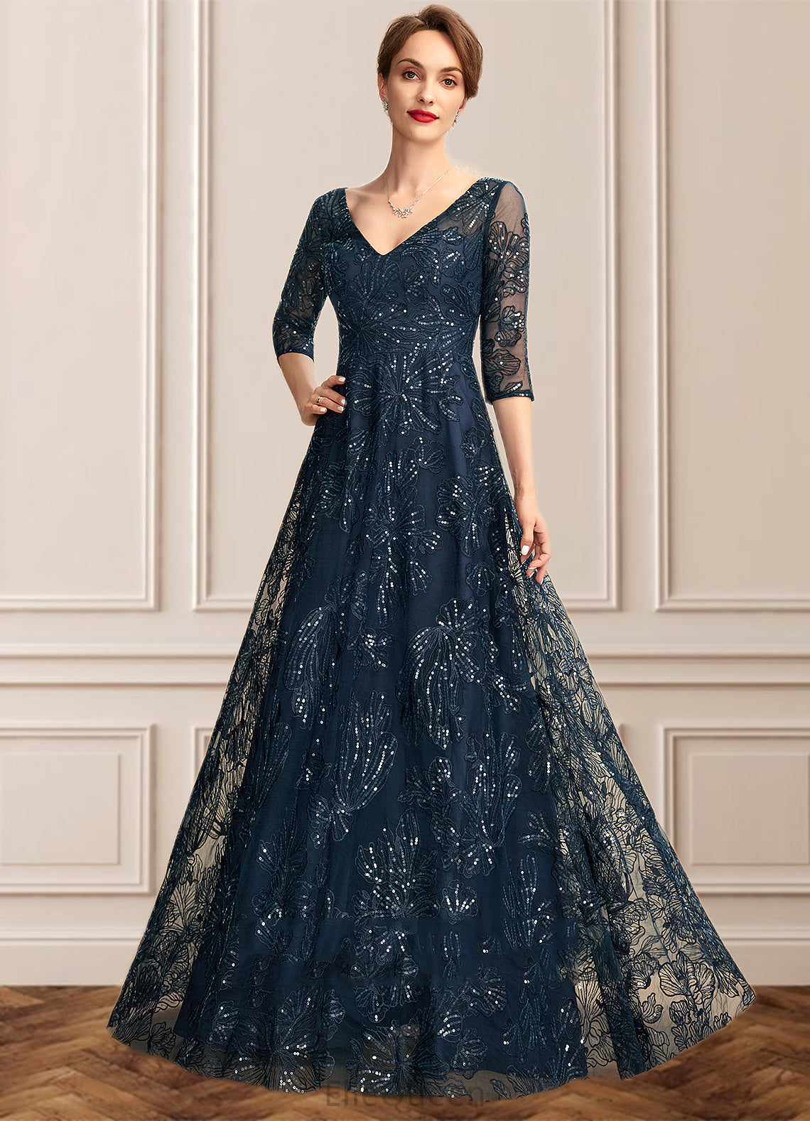 Aubrey A-Line V-neck Floor-Length Lace Mother of the Bride Dress With Sequins DG126P0015015