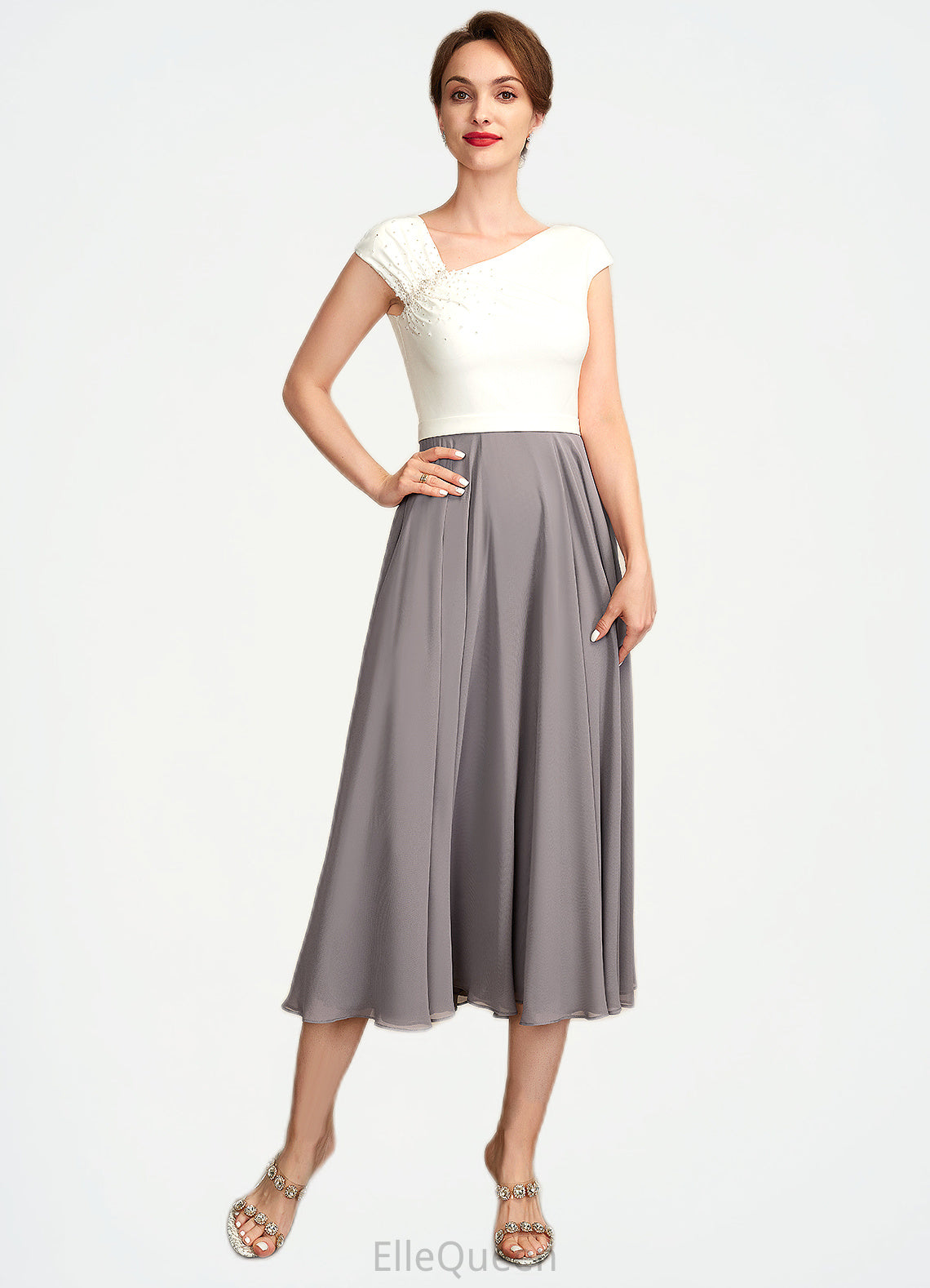 Skylar A-Line V-neck Tea-Length Chiffon Mother of the Bride Dress With Ruffle Beading Sequins DG126P0015016