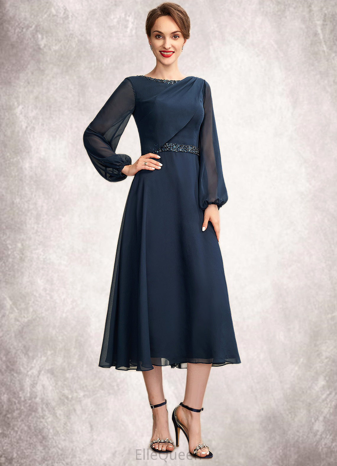 Samantha A-Line Scoop Neck Tea-Length Chiffon Mother of the Bride Dress With Beading Sequins DG126P0015018