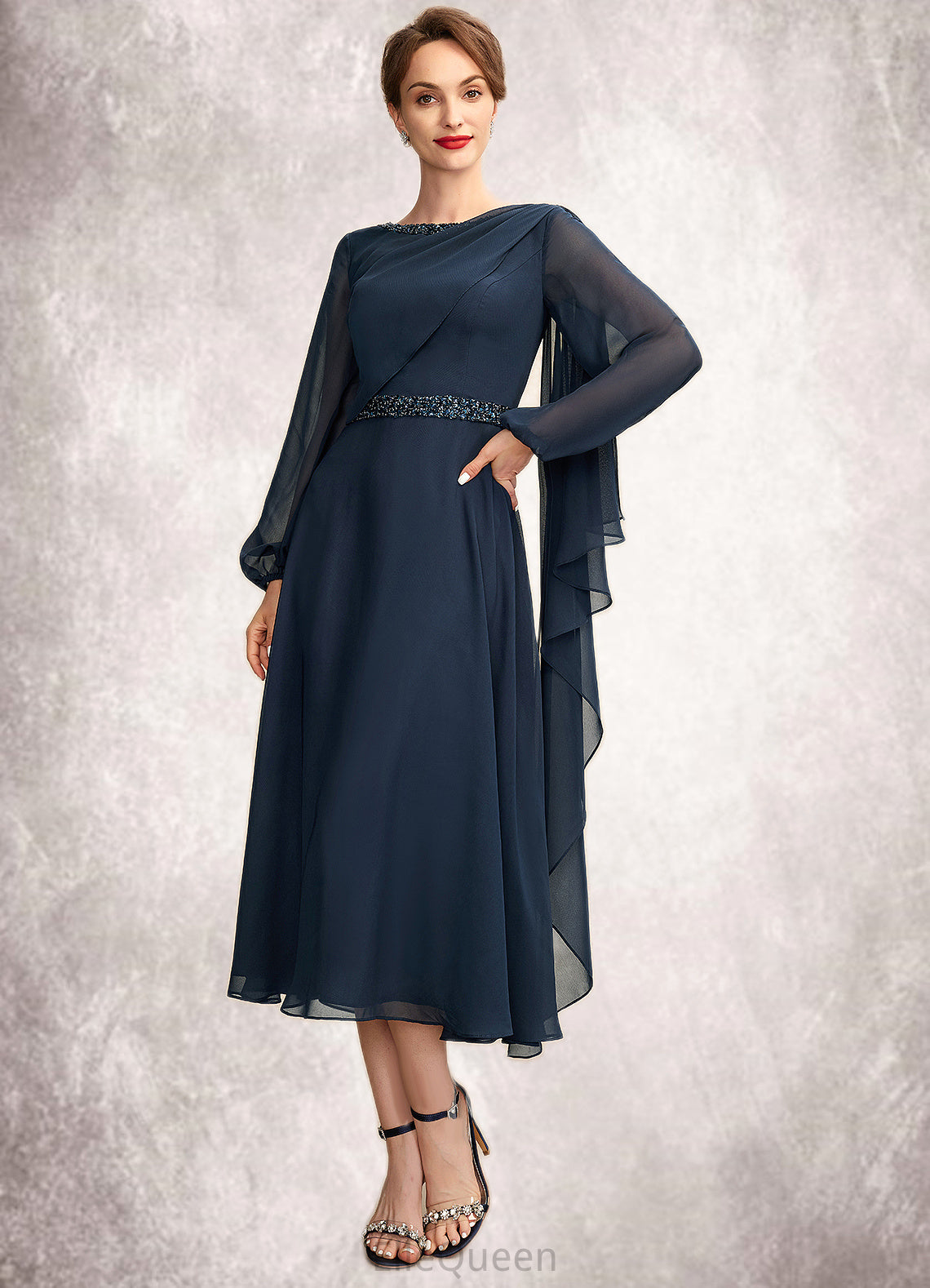 Samantha A-Line Scoop Neck Tea-Length Chiffon Mother of the Bride Dress With Beading Sequins DG126P0015018