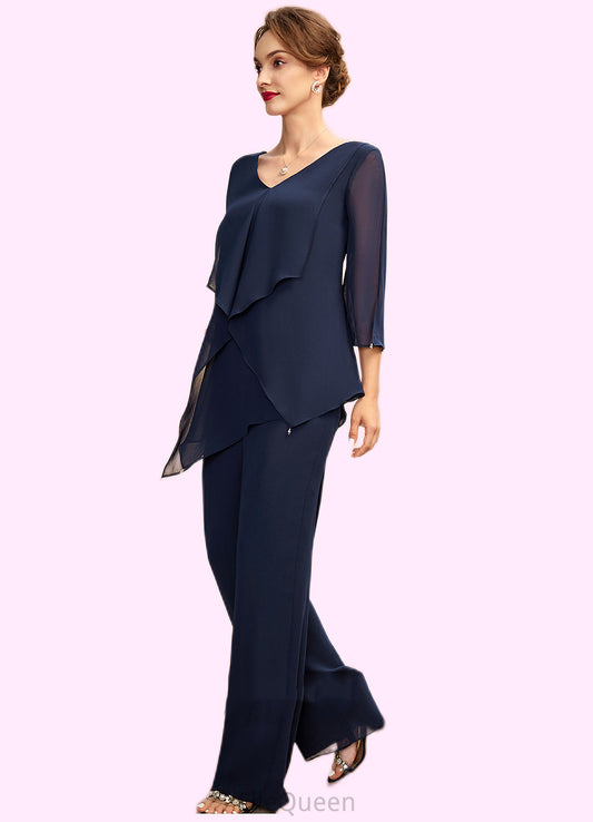 Elise Jumpsuit/Pantsuit V-neck Floor-Length Chiffon Mother of the Bride Dress With Cascading Ruffles DG126P0015019