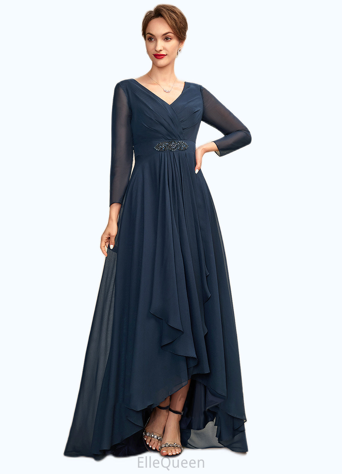 Elsa A-Line V-neck Asymmetrical Chiffon Mother of the Bride Dress With Ruffle Beading Bow(s) DG126P0015021