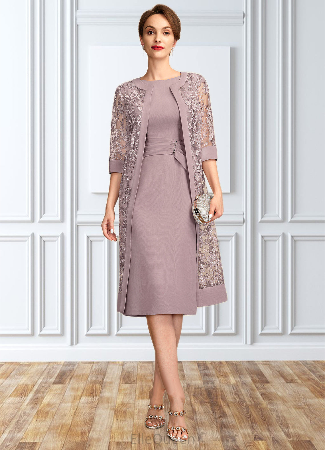 Serenity Sheath/Column Scoop Neck Knee-Length Chiffon Mother of the Bride Dress With Ruffle Sequins DG126P0015023