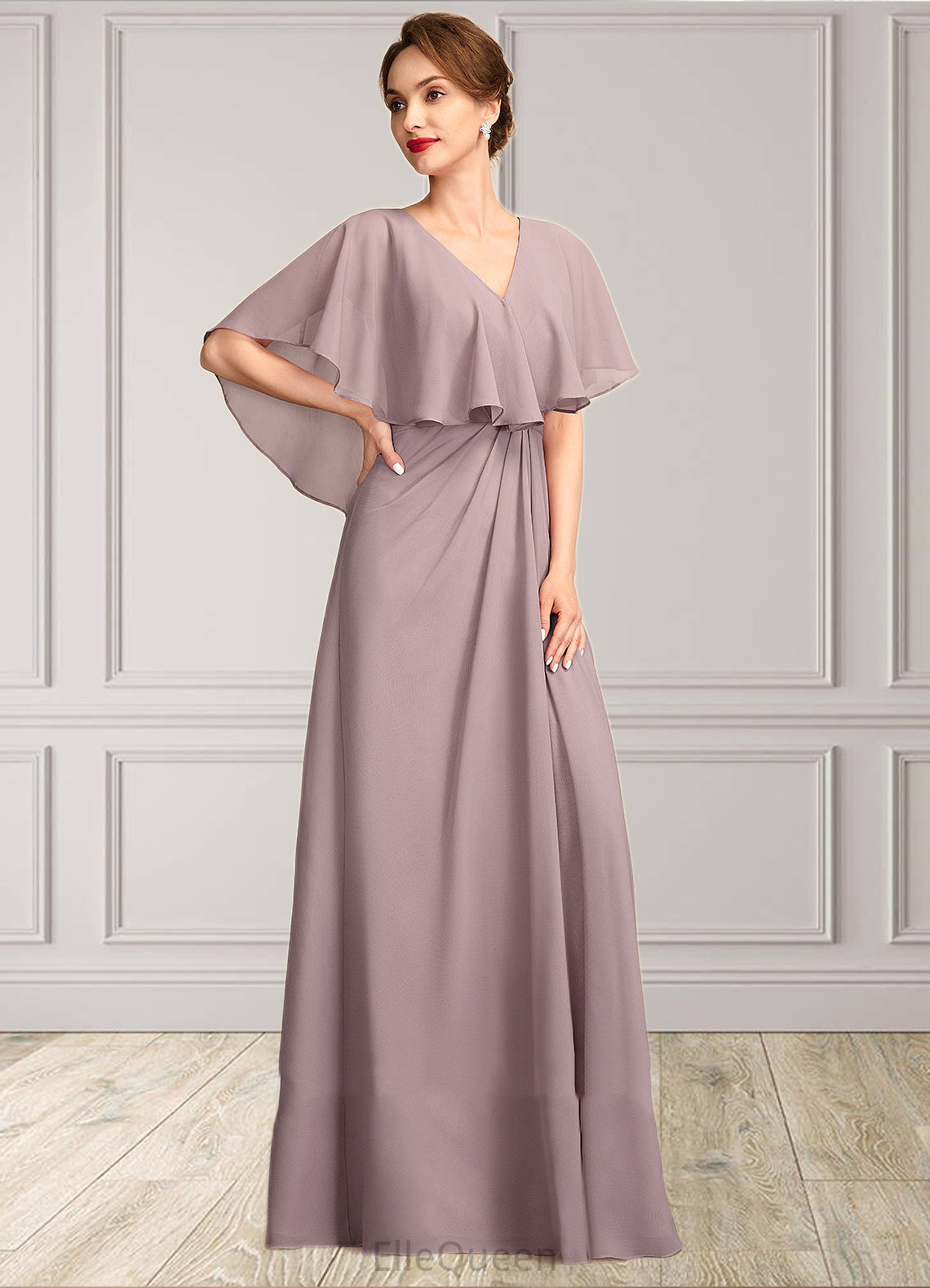 Willow A-Line V-neck Floor-Length Chiffon Mother of the Bride Dress With Ruffle DG126P0015026