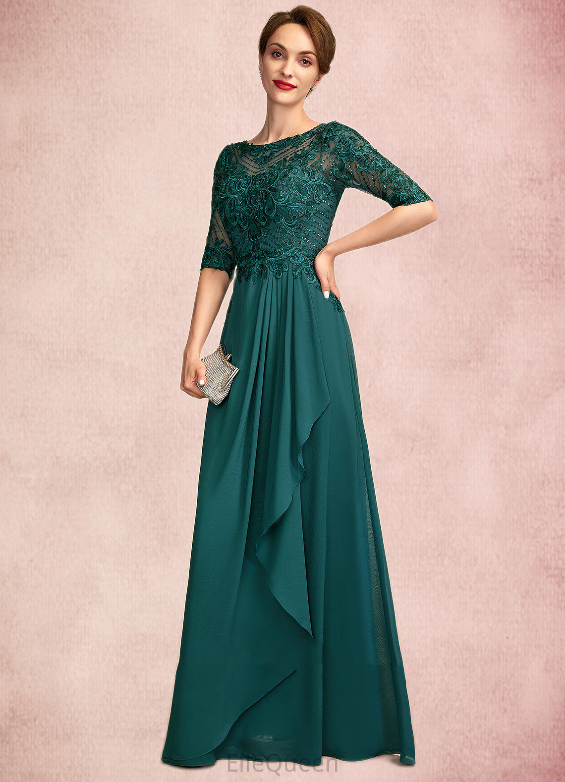 Brittany A-Line Scoop Neck Floor-Length Chiffon Lace Mother of the Bride Dress With Beading Sequins Cascading Ruffles DG126P0015027