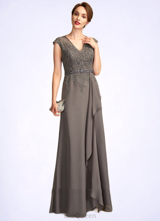 Avah A-Line V-neck Floor-Length Chiffon Lace Mother of the Bride Dress With Beading Sequins Cascading Ruffles DG126P0015030
