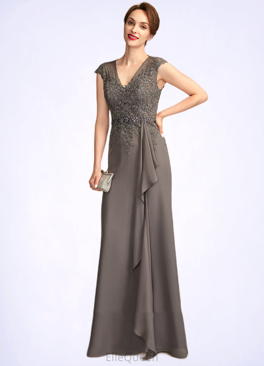 Avah A-Line V-neck Floor-Length Chiffon Lace Mother of the Bride Dress With Beading Sequins Cascading Ruffles DG126P0015030