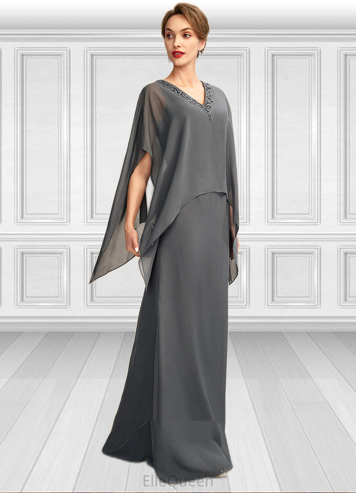 Areli A-line V-Neck Floor-Length Chiffon Mother of the Bride Dress With Beading Sequins DG126P0015031