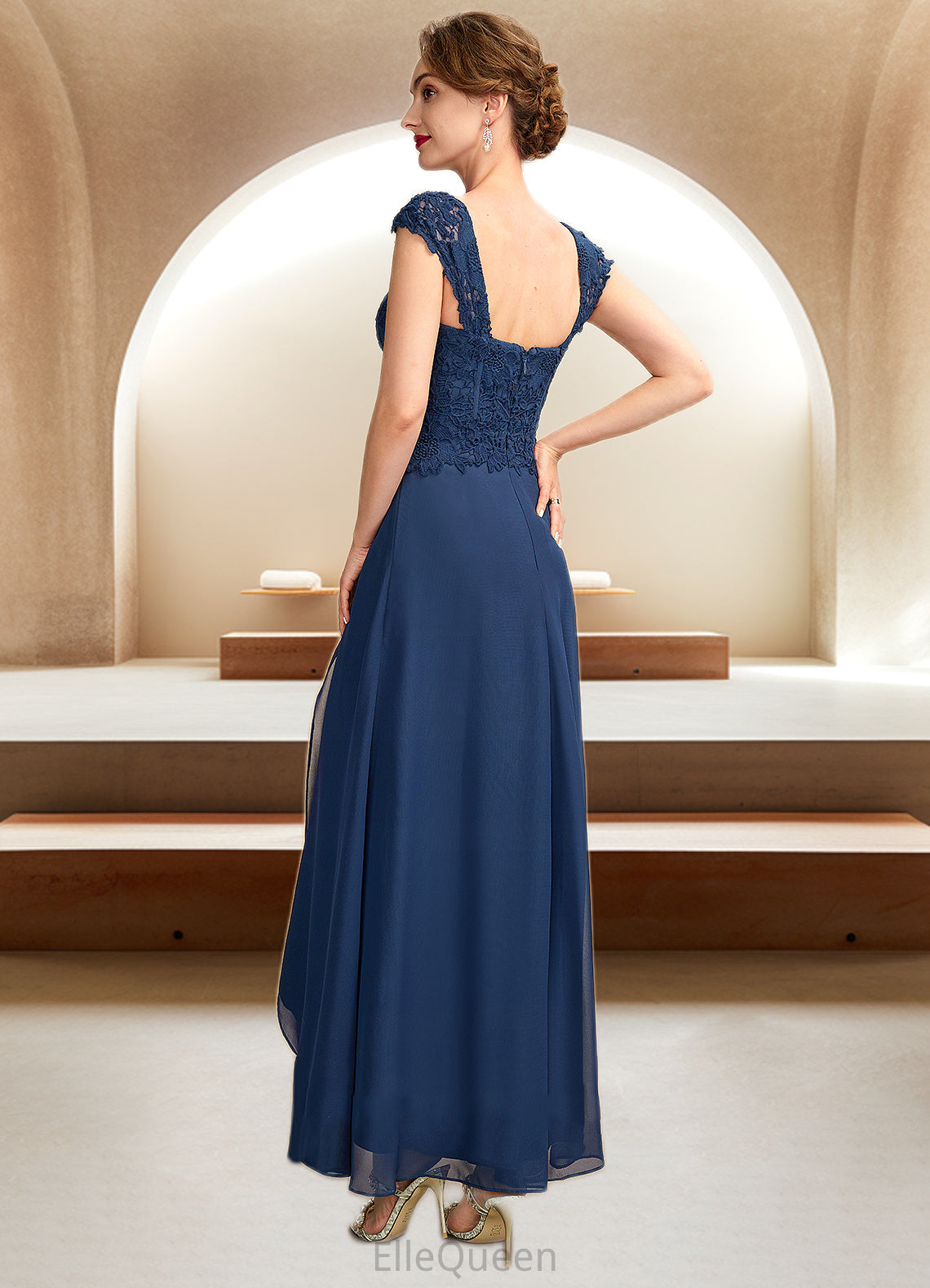 Jocelynn A-Line Square Neckline Asymmetrical Chiffon Lace Mother of the Bride Dress DG126P0015034