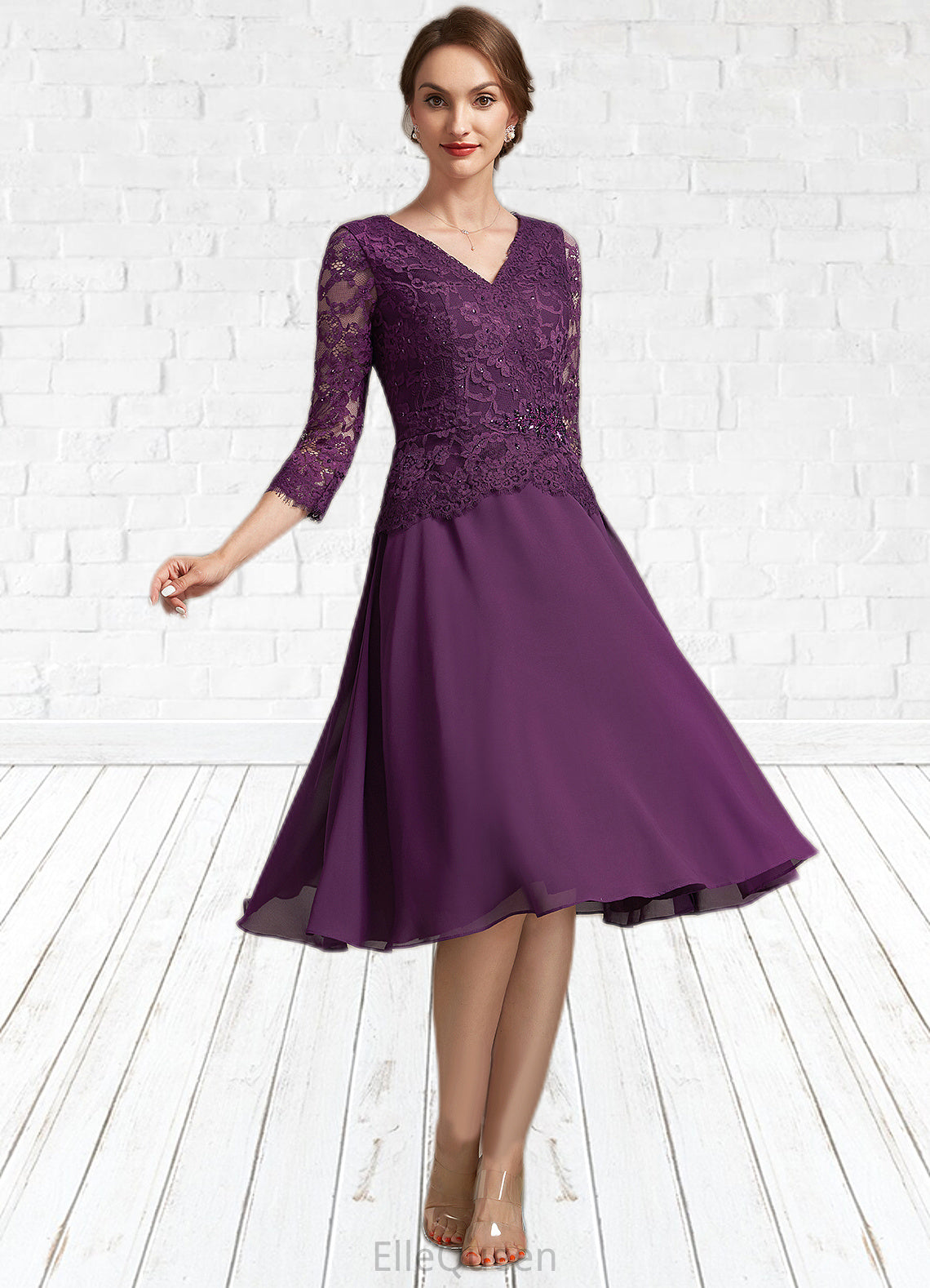 Adelyn A-Line V-neck Knee-Length Chiffon Lace Mother of the Bride Dress With Beading Sequins DG126P0015035