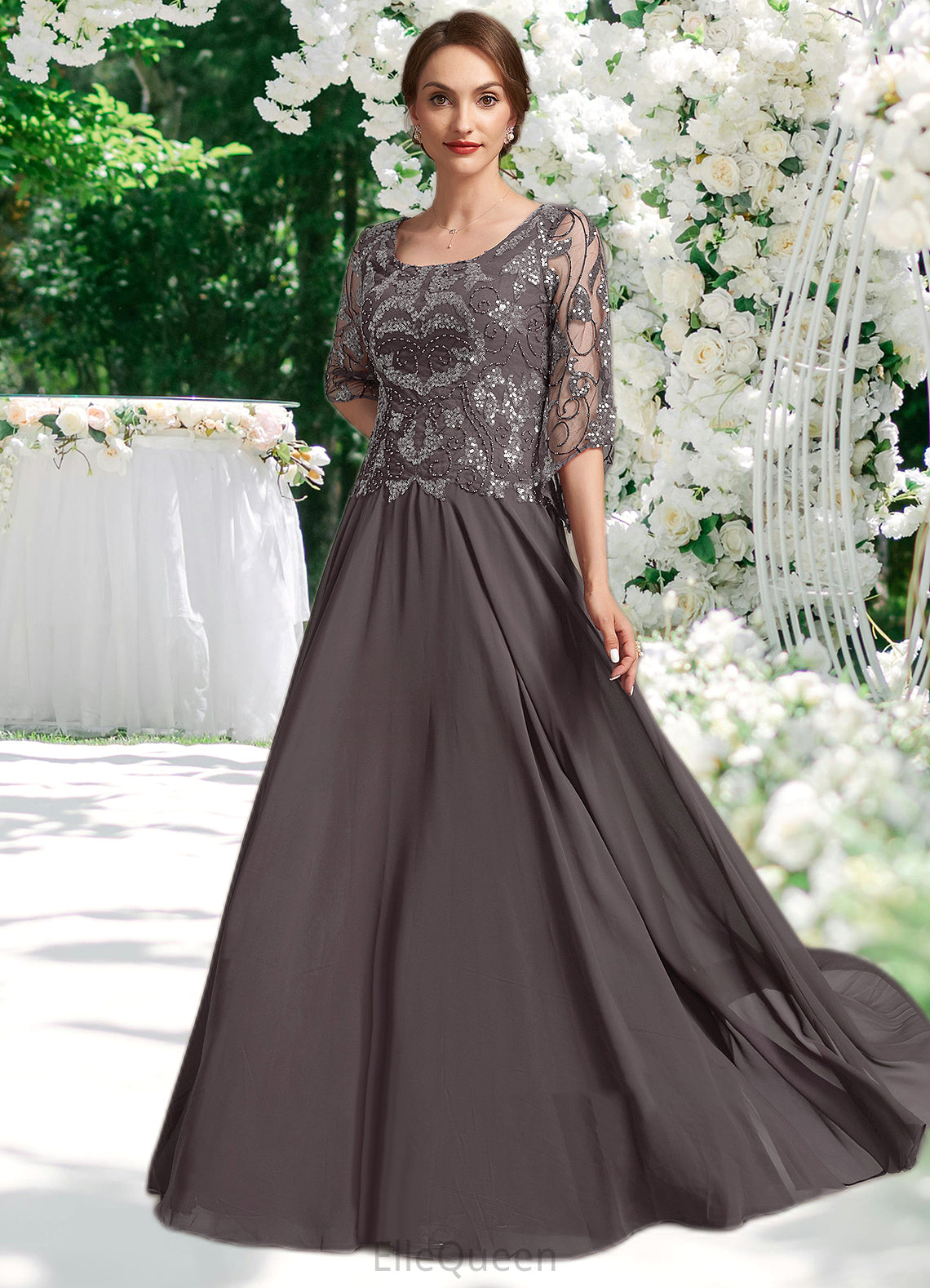 Cornelia A-Line Scoop Neck Floor-Length Chiffon Lace Mother of the Bride Dress With Beading Sequins DG126P0015036