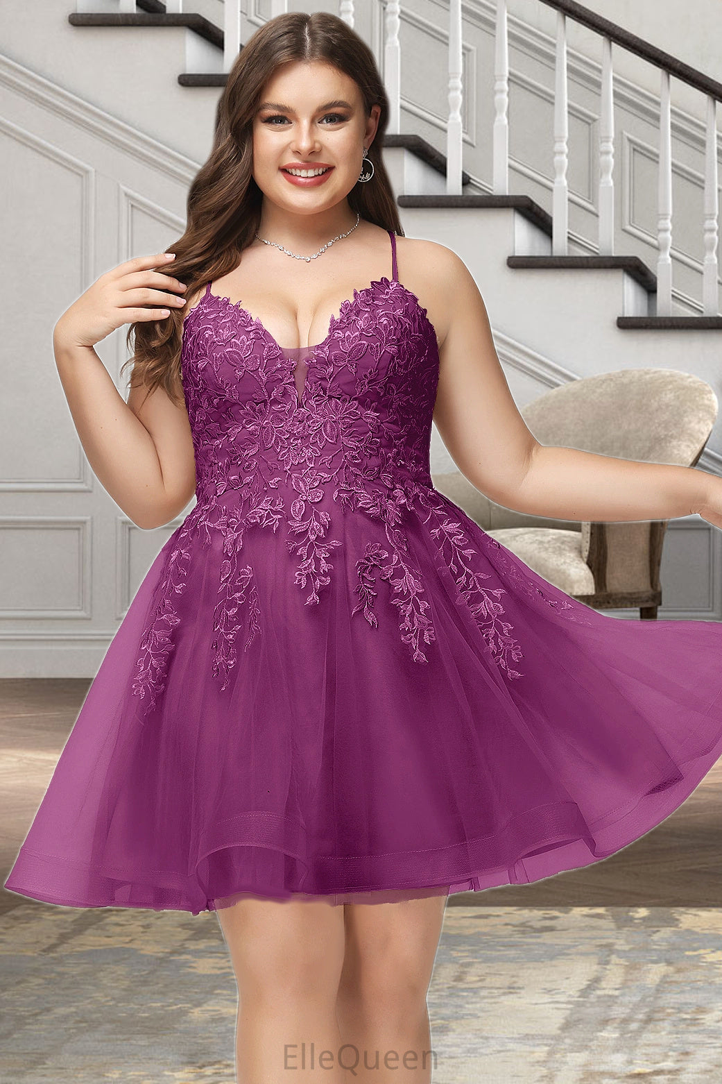 Helen A-line V-Neck Short/Mini Lace Tulle Homecoming Dress With Sequins DGP0020500