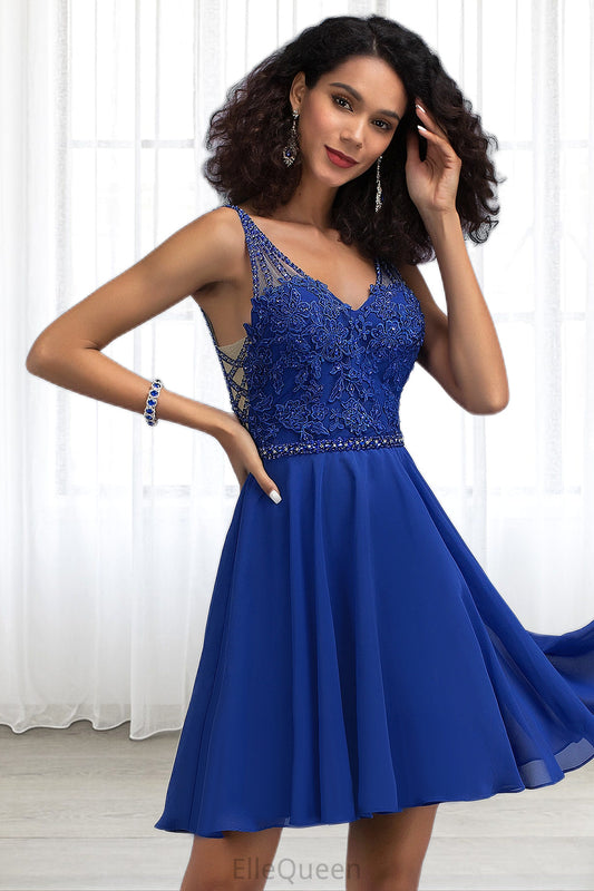 Emelia A-line V-Neck Short/Mini Chiffon Lace Homecoming Dress With Beading DGP0020563