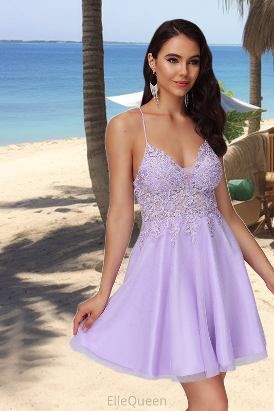 Zariah A-line V-Neck Short/Mini Lace Tulle Homecoming Dress With Beading DGP0020501