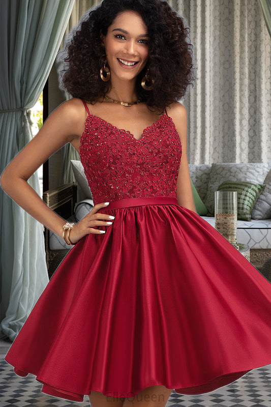 Everleigh A-line V-Neck Short/Mini Lace Satin Homecoming Dress With Beading DGP0020554
