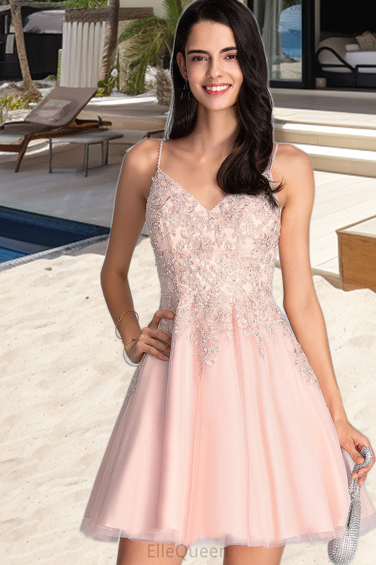 Taryn A-line V-Neck Short/Mini Tulle Homecoming Dress With Beading DGP0020538