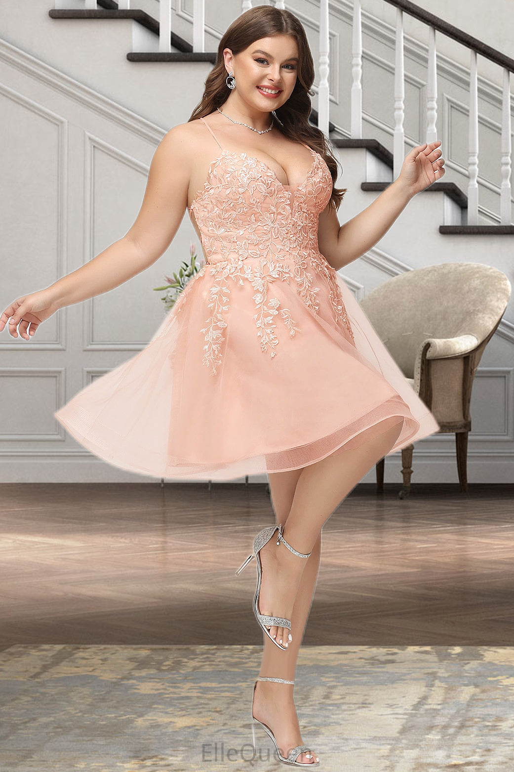 Helen A-line V-Neck Short/Mini Lace Tulle Homecoming Dress With Sequins DGP0020500