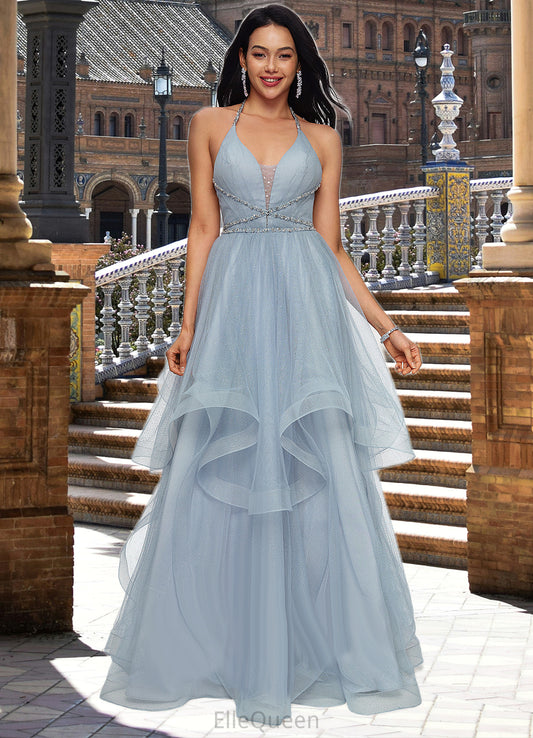 Brylee Ball-Gown/Princess Halter V-Neck Floor-Length Tulle Prom Dresses With Beading Rhinestone Sequins DGP0022199