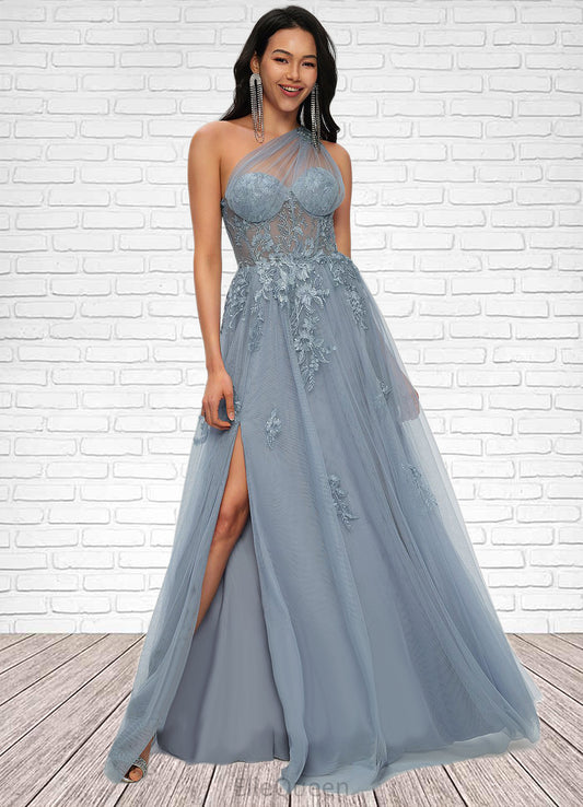 Rosalie A-line One Shoulder Floor-Length Tulle Prom Dresses With Appliques Lace Sequins DGP0022200