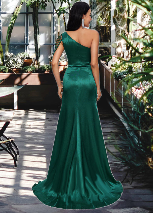 Donna Trumpet/Mermaid One Shoulder Sweep Train Stretch Satin Prom Dresses With Beading DGP0022205