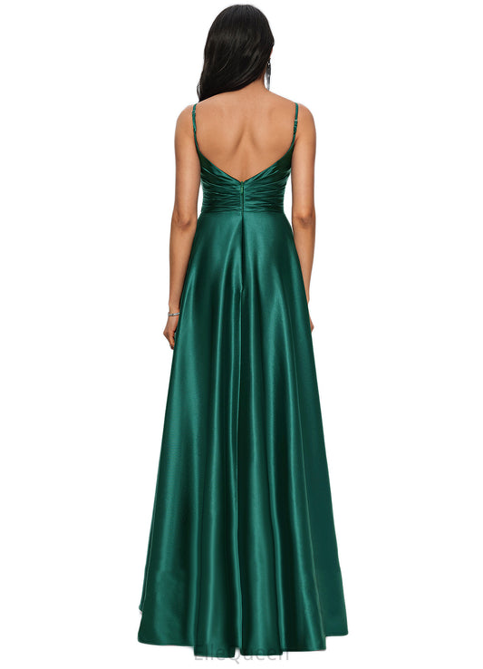 Ellen A-line V-Neck Floor-Length Stretch Satin Prom Dresses DGP0022211