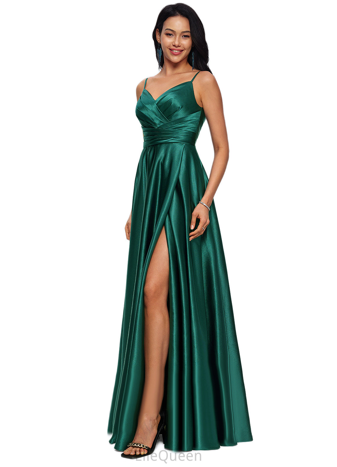 Ellen A-line V-Neck Floor-Length Stretch Satin Prom Dresses DGP0022211